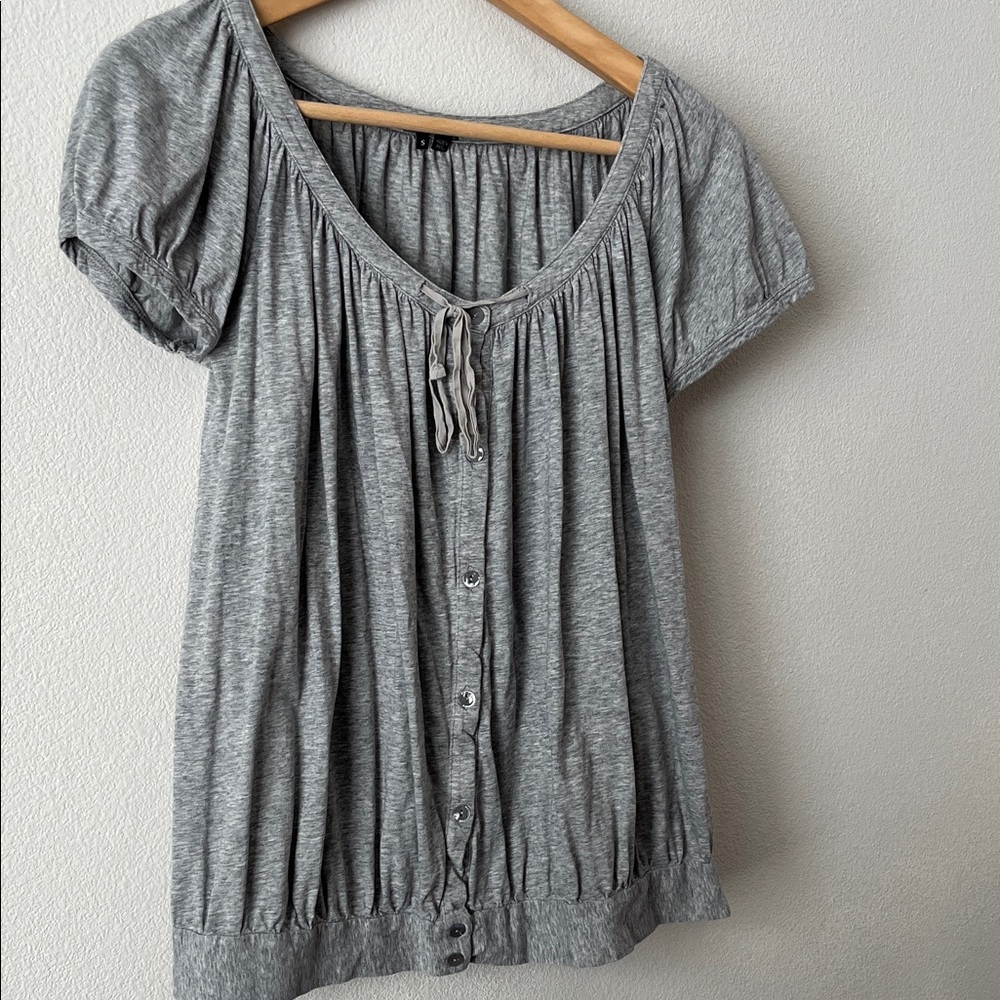Theory Heather Gray Short Sleeve Button-Front Jersey Top Size S
